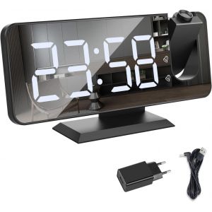 Réveil Projection Plafond, Horloge Digitale Avec Ecran Miroir 7.5 Pouces, Port USB, Double Alarme, 4 Luminosités Réglables, 12/24h Fonction Snooze (Blanc Avec Adaptateur) - Neuf