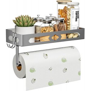 CAUC-Etagere Cuisine Murale, Range Epices Cuisine avec Rouleau Porte-serviettes et Crochets, Porte Epices Cuisine, Argent - Neuf