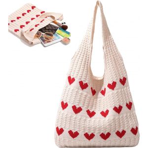 KALANKA-Tote Bag Femme, 38 * 35CM Cabas Femme, Cabas Femme, Sac Fourre Tout Femme, de Plage, Sac à Bandoulière, à Tricot pour Dames, Sac à Main D'Été en Maille Abricot, à Tricot Love - Neuf