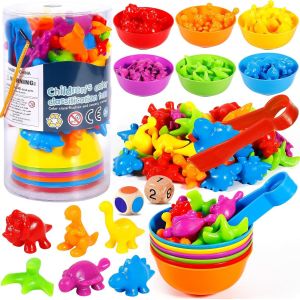 ChenQuanSarl-Jeux Montessori 2 3 4 5 Ans, 48 Pi&egrave;ces Dinosaure Jouet Avec Tasses Et Pinces, Dinosaure Jouet Pour Comptage Et Tri Apprendre Les Couleurs Compter Jouets Enfant Cadeau Garcon Fille - Neuf
