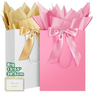 Grand Sac Cadeau, 15.55"" Papier Emballage Cadeau Anniversaire, Carré Pochette Cadeau Ggrand Format Enfant 39.5 * 30 * 12cm Avec 1 Cartes 1 Mouchoirs Pour Fête D'anniversaire 2 Pièces F - Neuf