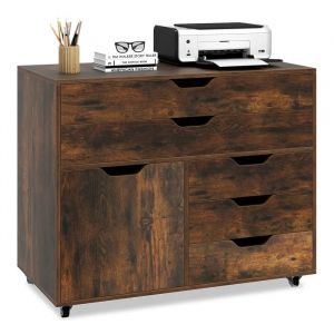 COSTWAY Caisson Bureau &agrave; roulettes 5 Tiroirs, &Eacute;tag&egrave;re R&eacute;glable, A4, Lettre, 5 Roues avec 2 Frein, 77,5 x 40 x 64 cm, Marron - Neuf