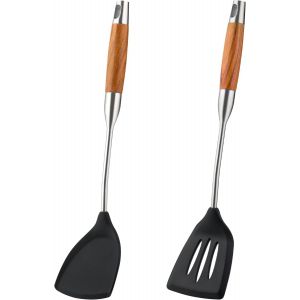 Spatule Et Cr&ecirc;pi&egrave;re En Silicone - Ustensiles De Cuisine En Acier Inoxydable Rev&ecirc;tus De Silicone Avec Manches En Bois, Spatules R&eacute;sistantes &Agrave; La Chaleur Pour Le Poisson, 2 Pi&egrave;ces - Neuf