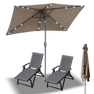 Parasol 140 &times; 210 Cm Uv50+, Inclinable, Parasol De Jardin Et De Plage Avec &Eacute;clairage Led Solaire, Toile Avec Rev&ecirc;tement Pa, Taupe - Neuf