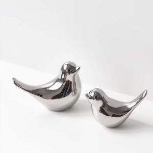 KALANKA-Lot de 2 statues d'oiseaux, en céramique, sculptures d'oiseau modernes pour paysage, jardin, maison, bureau, décoration d'affichage, argenté - Neuf