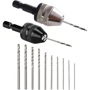 2 Pièces Mandrin Perceuse 10 Pièces Petite Perceuse (0.8-3.0mm) Mini Perceuse Adaptateur de Mandrin pour Perceuse Accessoires pour Outils éLectriques pour le Bois le Plastique Les Bijoux - Neuf