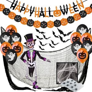 TRAHOO-Deco Halloween XXL - Banderole Bannière Happy Halloween, Guirlandes Citrouilles, Ballons, Toile d'Araignées, Chauve-Souris 3D, Squelette Articulé, Tissu Effrayant Noir - Neuf