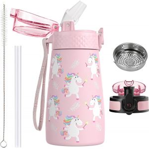 350ml/12oz Bouteille D'eau En Acier Inoxydable Pour Enfants Avec Paille Avec 2 Couvercles Diff&eacute;rents M&eacute;tal Isotherme Petite Fiole Pour L'&eacute;cole Gar&ccedil;ons Filles Boissons Chaudes Froides Sans Bpa - Neuf