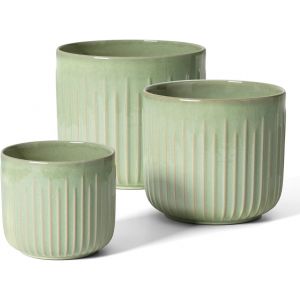 Nouvelhorizonstore-Lot De 3 Pots De Fleurs En C&eacute;ramique, 21cm +17cm + 14 Cm Pot De Fleur Interieur Avec Trou De Drainage, Cylindre Moyen Pour Plantes D&iquest;Int&eacute;rieur, Vert &Eacute;maill&eacute; - Neuf