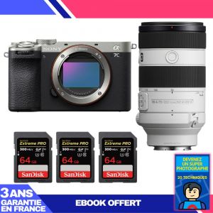 Boitier Sony A7C II Silver + FE 70-200mm f/4 Macro G OSS II + 3 SanDisk 64GB Extreme PRO UHS-II SDXC 300 MB/s + Ebook 'Devenez Un Super Photographe - Neuf