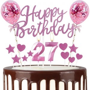 ERYI-Décorations Roses Pour 27E Anniversaire, Bougies Roses En Forme De Chiffre 27, Décorations De Gâteau Et Ballons Pour Filles Et Femmes - Neuf