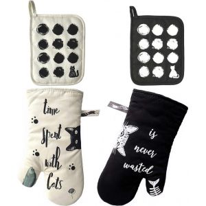 Lot De 4 Maniques En Coton Motif Chat Ivoire Et Noir - Neuf