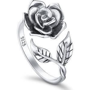 Kahfl-Vintage Rose Fleur Bague S925 En Argent Massif Femmes Ouvert Bagues Rose Fleur Réglable Anneaux Cadeau Romantique Pour Son Anneau Réglable - Neuf