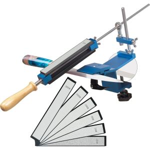 Aiguiseur Couteaux Manuel Professionnel, Kit D'aiguiseurs De Couteaux À Dégagement Rapide, Système D'affûtage De Couteaux À Angle Fixe Avec Maintien Abrasif, 9 Pierres + 1 Strop En Cuir - Neuf