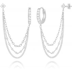 Kal-Boucles D'oreilles Cha&icirc;ne Pour Femmes - 925 Sterling Silver Quatre Zircons Fleur Boucles D'oreilles Triple Cha&icirc;ne Double Piercing Cha&icirc;ne Boucles D'oreilles Bijoux Cadeaux Pour Femmes - Neuf