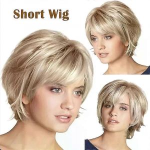 Hairjoy Perruque Blonde Courte Avec Frange Blonde Mix Brown Perruques Pour Femmes Blanches Cheveux Synthétiques Moelleux Perruques Pour Femmes - Neuf