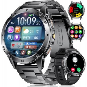 Montre Connectée Homme pour Android iOS avec Lampe de Poche LED 1,43"" AMOLED Smartwatch Appel Bluetooth Rond 530 mAh Noir Acier,Moniteur de Fréquence Cardiaque/Sommeil, Calories, Podomètre - Neuf