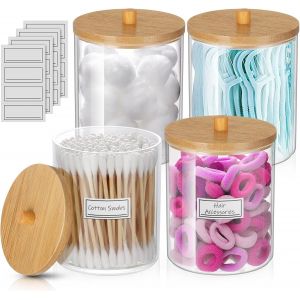 Lot de 4 supports Qtip pour salle de bain, bocaux d'apothicaire avec couvercles, support de boule de coton acrylique, distributeur de cotons, distributeur de cotons - Neuf