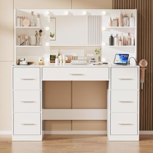 SUBZONAL-Coiffeuse avec Miroir et Prise, 10 Ampoules LED &agrave; 3 Modes de Lumi&egrave;re, Table de Maquillage avec Rangement, 7 Tiroirs, 4 &Eacute;tag&egrave;res, Support pour S&egrave;che-Cheveux, Meuble Moderne de Chambre (Blanc) - Neuf