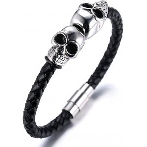 Bracelet En Cuir Véritable Pour Homme Avec Fermoir Magnétique À Têtes De Crâne En Titane - Neuf