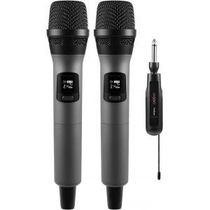 Microphone Sans Fil Micro À Main Double Avec Récepteur Rechargeable, Sortie 1/4U201D, 1/8"" Pour Amplificateur, Système De Sonorisation, Karaoké, Église, Réunion, Dj (Gris & Gris) - Neuf