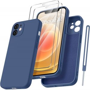 Coque Protection Caméra Pour Iphone 12 Avec 2 Pièces Verre Trempé, Housse De Protection Silicone Antichoc Doublure Microfibre Douce Ultra Fine Coque Iphone 12 6.1"" - Bao Bleu - Neuf