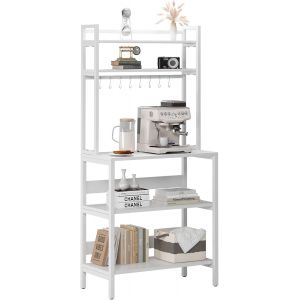 Mevronisshop-Etagère De Cuisine En Métal Et Bois, Étagère Pour Machine À Café, Étagère De Rangement Support Pour Four À Micro-Ondes Avec 5 Étagères Et 8 Crochets, 80 * 40 * 170cm, Blanc - Neuf