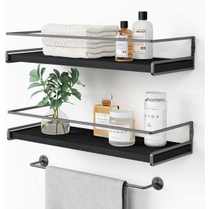 CAUC-Etagere Murale Bois Cuisine, &Eacute;tag&egrave;re Murale Salle De Bain Lot de 2+1, Petite Etagere Murale avec Porte-Serviettes, Etagere Rangement Cuisine pour Salon, Bureau. - Neuf