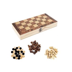 Jeu De Dames, D'&eacute;checs Et De Backgammon 3 En 1 En Bois Avec Plateau Pliable Et Pi&egrave;ces. - Neuf