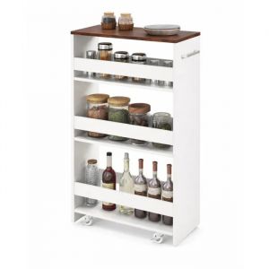 Desserte de Cuisine Etroit 25 cm COSTWAY, Roues avec Freins, Chariot de Rangement &agrave; 4 Niveaux avec Poign&eacute;e Lat&eacute;rale, Blanc et Brun - Neuf