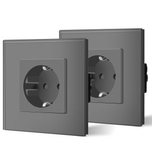 Lot de 2 prises Schuko - 16 A - Plaque en verre cristal - 1 prise encastr&eacute;e - 86 mm - Protection individuelle - Prise murale - Gris - Neuf