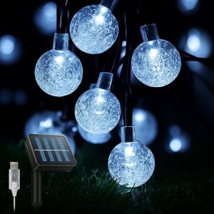 KAL-Guirlande Lumineuse Exterieure, 8M 50Leds Guirlande Lumineuse Boule De Cristal Étanche, Usb Guirlande Lumineuse Exterieure Solaire Pour Jardin, Mariage, Fête, Décoration (Blanc Froid) - Neuf