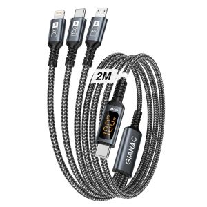 TRAHOO-100W C&acirc;ble USB C vers Multi USB [2M] 3 en1 C&acirc;ble Universel vec &eacute;cran LED Charge Rapide Chargeur avec Micro Type C Lightning Multi Connecteur pour Samsung;Macbook Pro/Air;iPad Pro;iPhone;Huawei - Neuf