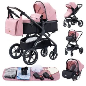 Poussette 3 En 1 Bébé Combinée Siège-Auto Nacelle Trio Réversible Réglable Haute Qualité Roues Increvables Canne.Rose. - Neuf