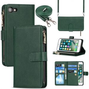 Wqs-Coque Compatible Avec Iphone 7/8/Se 2020/Se 2022 Etui Avec Cordon,Flip Portefeuille &Eacute;tui Cuir,[9 Porte Cartes][Double Boucle],Protection Housse Etui Compatible Avec Iphone 7/8 - Vert Fonc&eacute; - Neuf