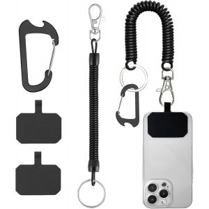 KAL-Cordon &Agrave; Ressort Noir Pour T&eacute;l&eacute;phone Portable, Lani&egrave;re De T&eacute;l&eacute;phone Portable, Anti-Vol, Avec Mousqueton, Convient &Agrave; La Plupart Des T&eacute;l&eacute;phones Portables - Neuf