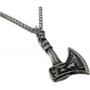 Vikings Pendentif En M&eacute;tal Motif Hache Viking Loup Avec Collier En Acier Inoxydable Dans Une Pochette &Agrave; Bijoux, M&eacute;tal - Neuf