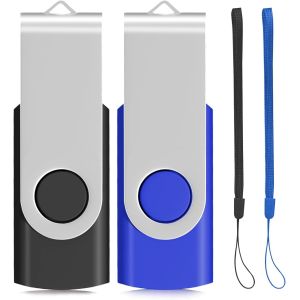 Lot De 2 Clés Usb 2.0 En Métal, Design Pivotant, Pliable Avec 2 Cordons De Rangement (Noir/Bleu) - Neuf