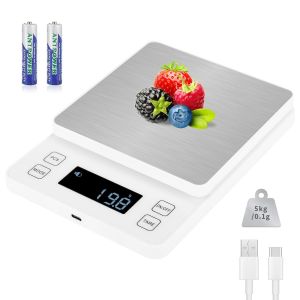 Balance De Cuisine Num&eacute;rique, 5 Kg/0,1 G Balance Alimentaire De Haute Pr&eacute;cision Avec 10 Unit&eacute;s, Charge De Usb C, Surface De Pes&eacute;e En Acier Inoxydable, &Eacute;cran Lcd - Neuf