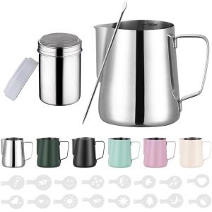 Mevronisshop-Pot &Agrave; Lait Barista En Acier Inoxydable De 350 Ml Avec Mesure Mark 12oz, Pot &Agrave; Mousse De Lait Avec Saupoudreur De Cacao, 16 Pochoirs Et Stylo Pour Cappuccino Et Expresso,Argent - Neuf