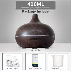 Diffuseur d'huiles essentielles d'aromath&eacute;rapie,humidificateur d'air ultrasonique avec t&eacute;l&eacute;commande,Grain de bois,frais avec lumi&egrave;re LED 7 couleurs - Type 400ml-Dark-Mode A - Neuf