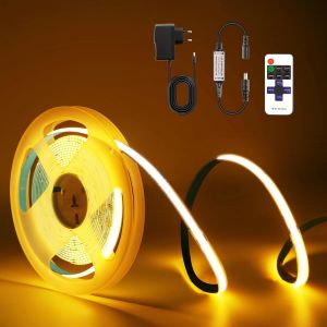 Ruban Led Cob 5m, Bande Lumineuse Led Dimmable Avec Telecommande Rf Et Alimentation, Dc24v, 320leds/M, Largeur 8mm, Ruban Led Blanc Chaud Pour D&eacute;coration De Chambre, 2700k - Neuf