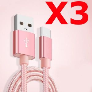 X3 C&acirc;ble Metal Nylon Renforc&eacute; Chargeur Usb/Type C 1,5m Tr&eacute;ss&eacute; Couleur Rose Compatible Samsung Lg Sony Wiko Blackberry Motorola Asus Huawei Honor Archos Teeno X3 Little Boutik&reg; - Neuf