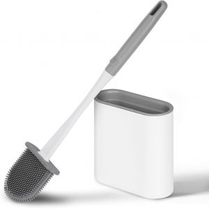 KAL-Brosse De Toilette, Brosse Wc En Silicone Antibactérienne Balayette,Brosse De Toilettes À Séchage Rapide Et Récipient Pour Salle De Bain Avec Support Murale (Blanc) - Neuf