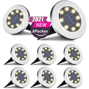 Lampe Solaire Au Sol, Lampe Solaire Pour Jardin, 8 Led, Lampe Solaire Extérieure, Étanche, Lampe Solaire De Jardin, Acier Inoxydable, Plastique, Lampe Solaire Pour L'extérieur, Blanc Chaud, 8 Pièces - Neuf