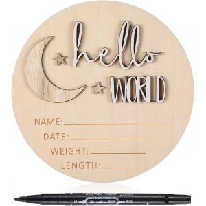 Eryi-Panneau D'annonce De Bébé, En Bois, 15 X 14,7 Cm, « Hello World », Rustique, Rond, Étoiles, Panneau De Nom Pour Fête Prénatale, Décoration De Chambre D'enfant, Cadeau De Nouveau-Né - Neuf