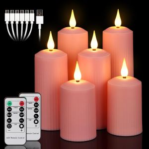 Eryi-Lot De 6 Bougies Led Rechargeables Avec Télécommande À 10 Touches - Bougies Sans Flamme Étanches Pour L'extérieur - Avec Minuterie 6/8 H - 5,1 X 10,5/14/16,5 Cm - Rose - Type-C, Th50-6f - Neuf