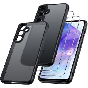 TRAHOO-3 en 1 Coque Mat pour Samsung Galaxy A55 5G 6,6 Pouces, avec 2 Verre Tremp&eacute; Protection &eacute;cran, Etui Translucide Givr&eacute;e Arri&egrave;re Housse Antichoc Case, Cover Anti-Empreintes Digitales, Noir - Neuf