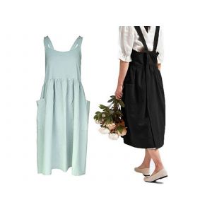 Tabliers Crois&eacute;s En Coton Et Lin Avec Poches - Noir Et Vert - Neuf