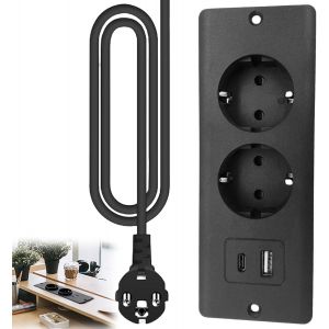 Prise Encastrable Plan de Travail, 4 en 1 Prise encastrable avec USB C, Prise USB Encastrable, Bloc Prise Encastrable, Prise Plan de Travail avec C&acirc;ble 1,5M pour Cuisines Bureaux Salle de R&eacute;unio-Noir - Neuf